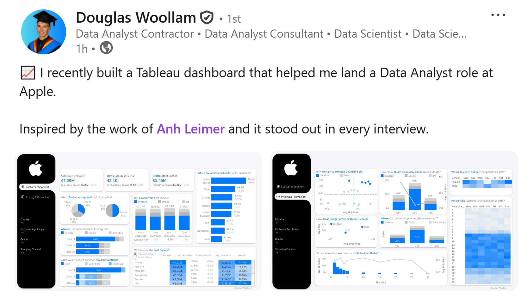 Student LinkedIn post: landed a Data Analyst role at Apple