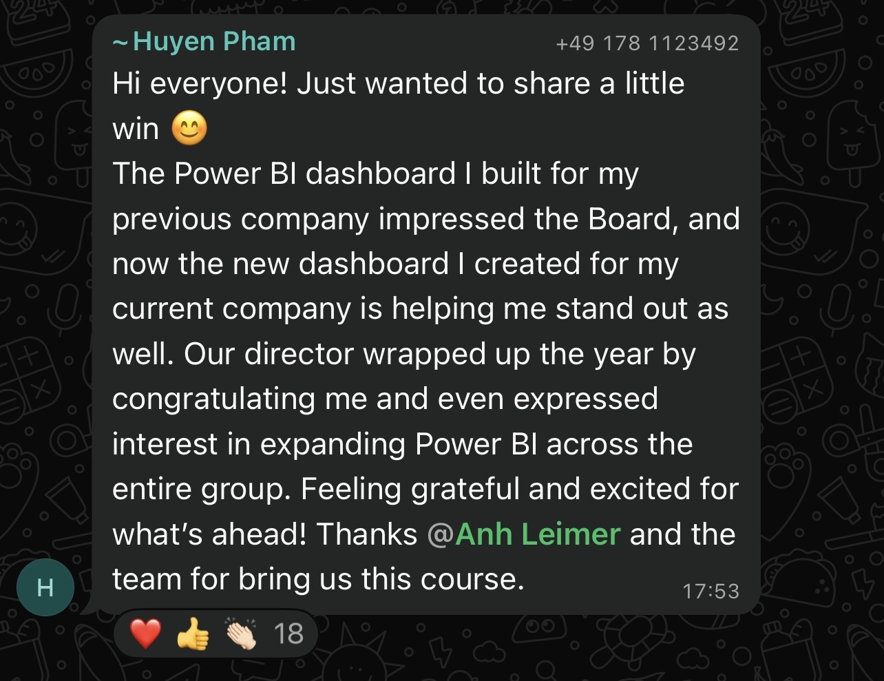 Student WhatsApp message about getting recognized for her Power BI dashboard