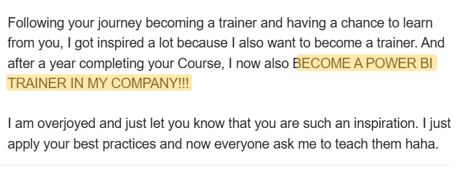 Student message: became a Power BI trainer at their company